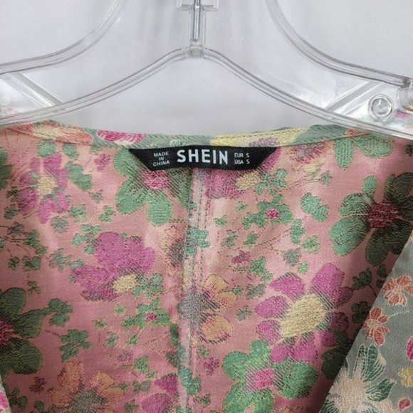 Shein Mini Dress S Pink Colorful Metallic Floral Puff Sleeve Button Front Pleat - Picture 3 of 12